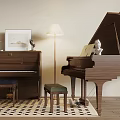 Musical Instruments Art Supplies Room with Upright Grand Pianos Picture Frame Decor Stools
