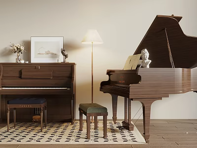Musical Instruments Art Supplies Room with Upright Grand Pianos Picture Frame Decor Stools 3d model