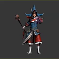 Hooded Mage In Blue Red Outfit Holding Staff With Mythical Creature Design