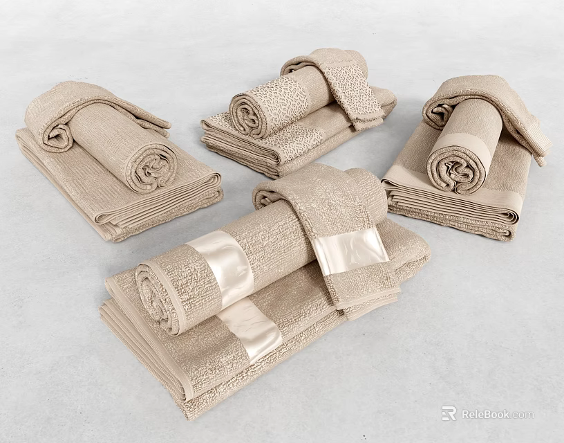 Soft Beige Textured Folded Towels Set In Various Sizes On Light Background 3d model