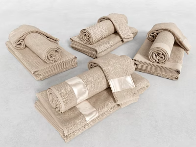 Soft Beige Textured Folded Towels Set In Various Sizes On Light Background 3d model