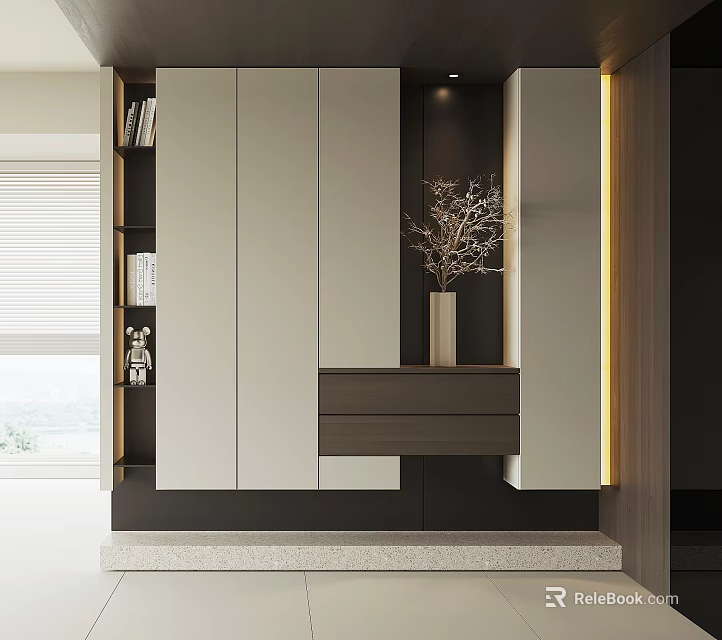 Modern Shoe Cabinet With Open Shelves Mirror Doors And Decorative Branch Vase 3d model 