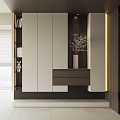 Modern Shoe Cabinet With Open Shelves Mirror Doors And Decorative Branch Vase