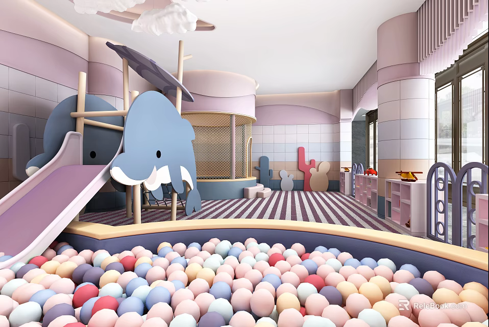 Colorful Children's Play Area With Ball Pit Slide Whale Shaped Structure And Striped Floor 3d model 