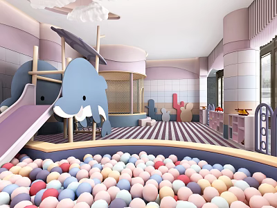 Colorful Children's Play Area With Ball Pit Slide Whale Shaped Structure And Striped Floor 3d model