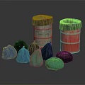 Multi Colored Storage Barrels And Bags As Practical Equipment In Green Red Blue Black