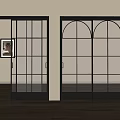 Black Framed Glass Sliding Doors with Square Grid and Arched Top Design in Modern Interior