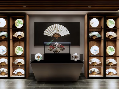 Elegant Interior Display of Traditional Fans and Plates on Wooden Shelves 3d model