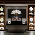 Elegant Interior Display of Traditional Fans and Plates on Wooden Shelves