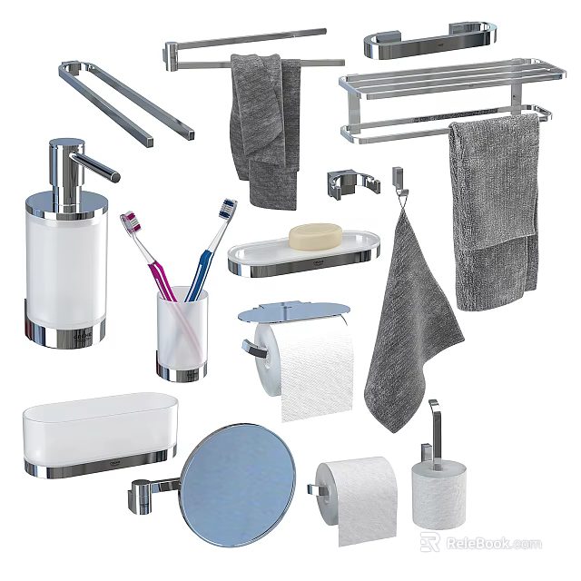 Essential Bathroom Accessories With Towel Rack Towels Soap Dispenser Toothbrush Holder And Mirror 3d model 