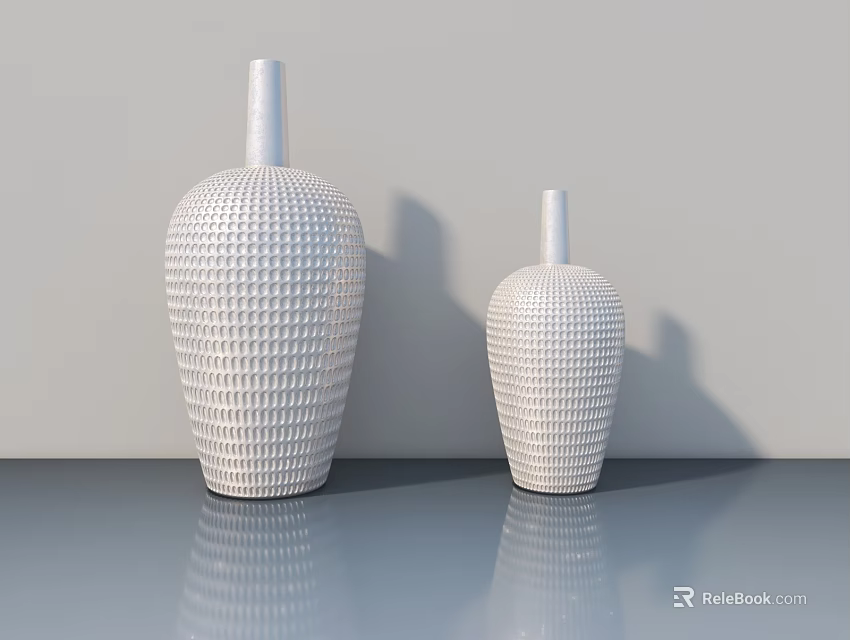 Modern Decorative Ornament Set With White Textured Vases Two Sizes Grid Pattern 3d model 