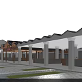 Traditional Style Supermarket Department Store Exterior With Wooden Entrance And Lawn Area