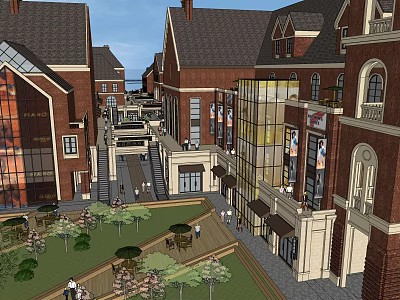 European Style Commercial Street With Red Brick Buildings Glass Facades And Greenery 3d model