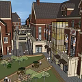 European Style Commercial Street With Red Brick Buildings Glass Facades And Greenery