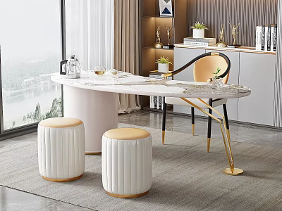 Elegant Modern Tea Table And Chairs With Round Marble Top Golden Legs And White Stools 3d model