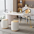 Elegant Modern Tea Table And Chairs With Round Marble Top Golden Legs And White Stools