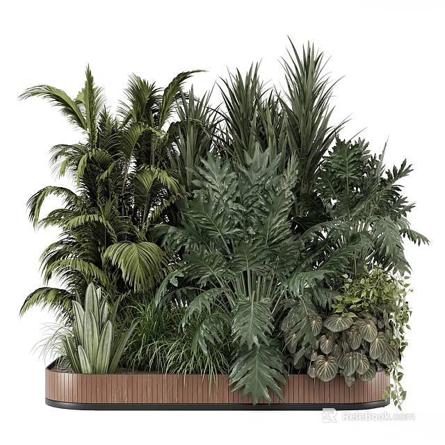 Garden Decorative Plant Arrangement With Various Green Plants In Wooden Planter 3d model 