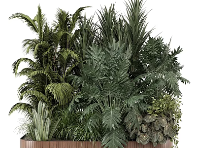 Garden Decorative Plant Arrangement With Various Green Plants In Wooden Planter 3d model