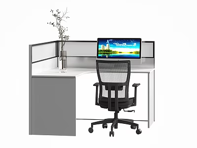 Modern Office Desk With Partition Vase Branches Monitor City View And Mesh Chair 3d model