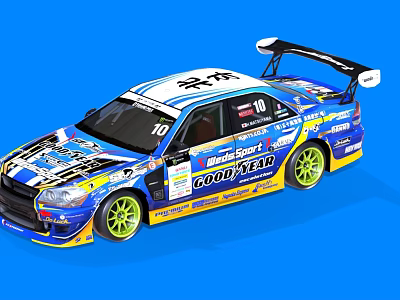Blue And White Race Car With Goodyear Logos Rear Spoiler Yellow Wheels And Number 10 3d model