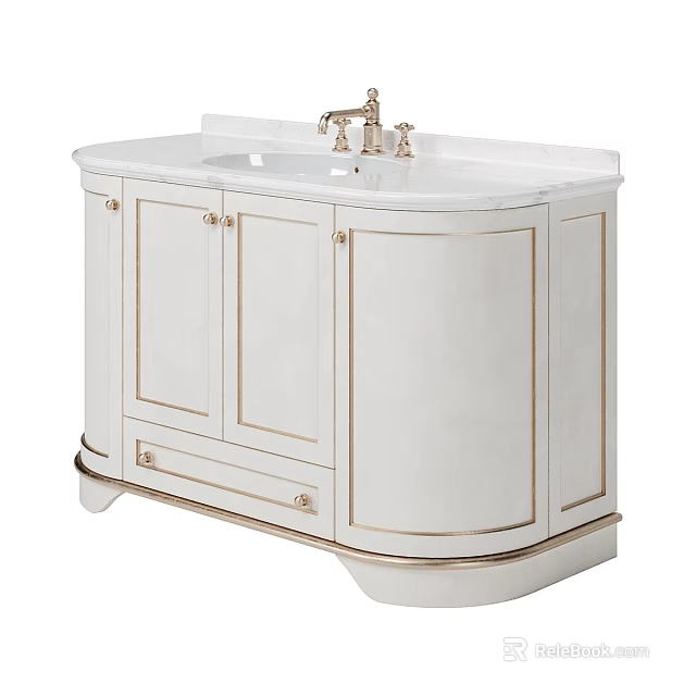 Elegant White Bathroom Vanity With Marble Countertop And Gold Accent Faucet Storage Cabinet 3d model 