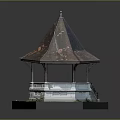 Pointed Copper Rust Roof Square Base Gazebo Structure With Steps And Plants