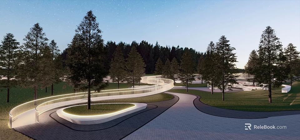 Nighttime Park Landscape With Starlit Sky Tall Trees Winding Path White Railings And Illuminated Edges 3d model 