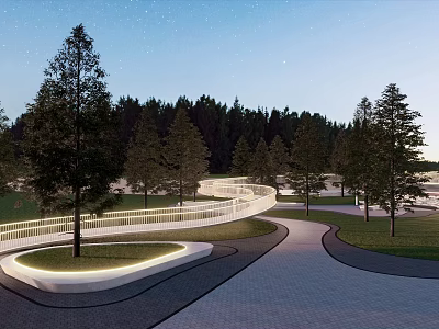 Nighttime Park Landscape With Starlit Sky Tall Trees Winding Path White Railings And Illuminated Edges 3d model