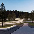 Nighttime Park Landscape With Starlit Sky Tall Trees Winding Path White Railings And Illuminated Edges