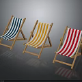 Three Striped Beach Chairs with Wooden Frame and Blue Yellow Red Patterns