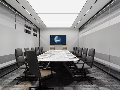 Modern Conference Room Interior With Long Table Chairs Glass Partitions And Large Screen 3d model