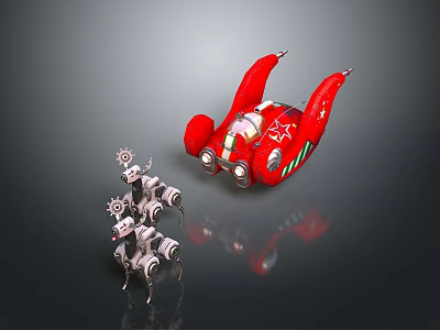 Red Futuristic Vehicle Model With Silver Mechanical Robots And Reflective Surface 3d model