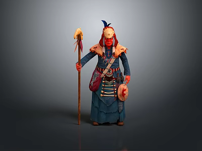 Traditional Tribal Character Wearing Feather Headdress Fur Decorations And Staff With Animal Feathers 3d model