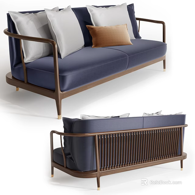 Navy Blue Double Sofa with Brown Wooden Frame and Grey White Brown Cushions 3d model