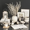 Elegant Decorative Ornament Collection With Vase Lantern Candles Frames Books And Dried Flowers