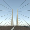 Modern Cable Stayed Bridge Over Water With Tall Towers Piers And Construction Vehicle