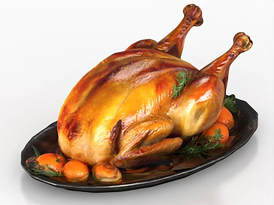Golden Brown Roasted Chicken Served On Black Plate With Carrots And Herbs 3d model