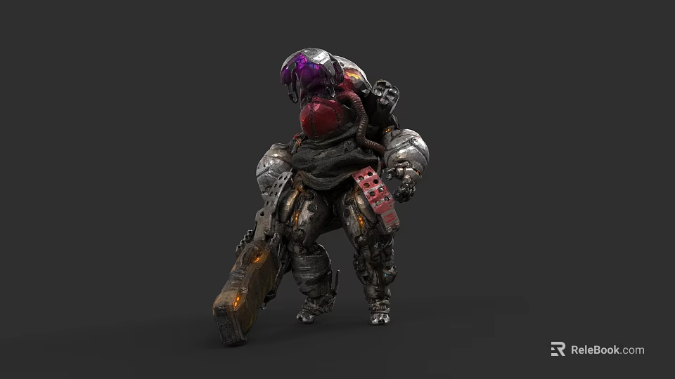 Mechanical Heavy Weapon With Red Purple Glow And Armored Gears In Sci Fi Design 3d model 
