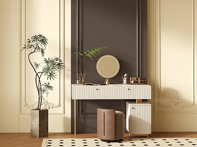 Modern Elegant Vanity Table with Round Mirror Golden Metal Legs Decorative Plant and Stool 3d model