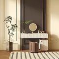 Modern Elegant Vanity Table with Round Mirror Golden Metal Legs Decorative Plant and Stool