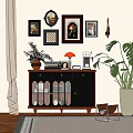 Stylish Entryway Console Cabinet With Drawers Glass Doors Vase Table Lamp Coffee Machine And Green Plant