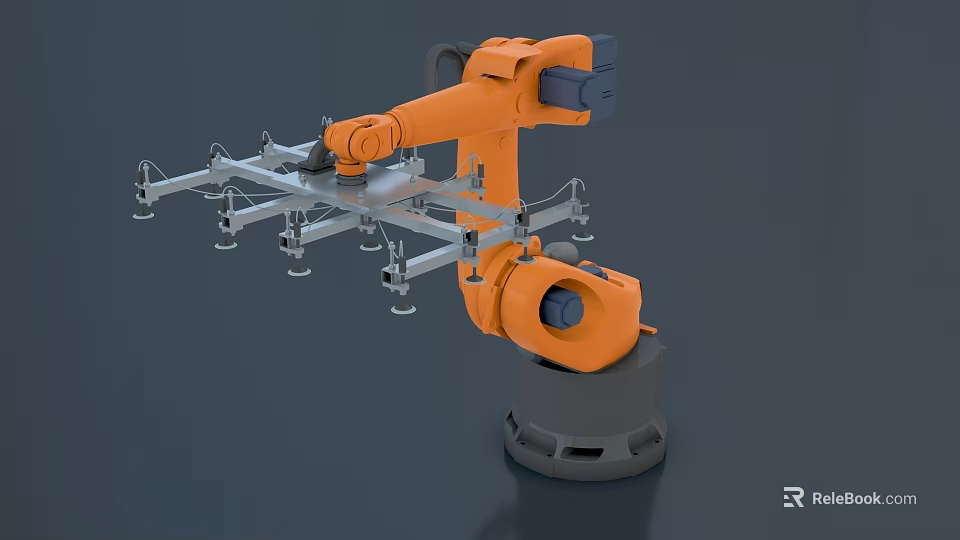 Orange Industrial Robot Arm With Mechanical Gripper And Suction Cups For Automation Equipment 3d model 