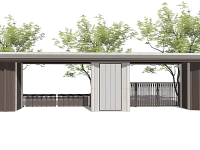 Modern Entrance Gate Design With Wooden Structure And Surrounding Green Trees 3d model