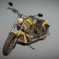 Yellow Vintage Motorcycle With Black Seat Round Headlight And Shiny Metal Body