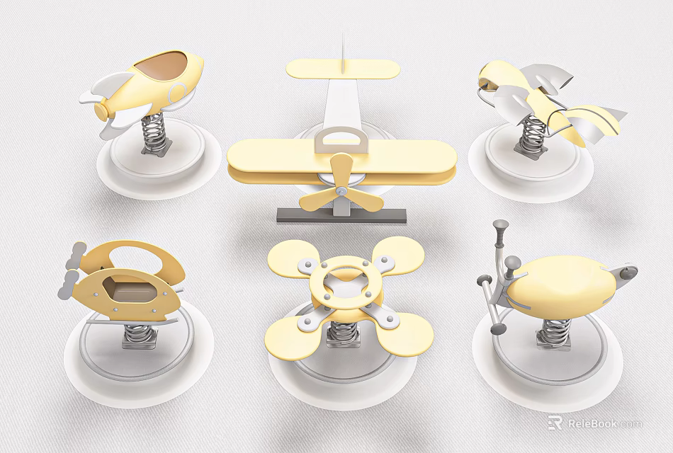 Creative Building Blocks Airplane Models Featuring Various Yellow Designs On White Stands 3d model