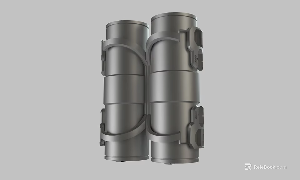 Two Gray Cylindrical Mechanical Devices With Ring Structures And Connecting Parts 3d model 