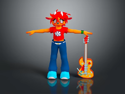 Red Haired Cartoon Character With Orange Guitar And Blue Pants Outfit 3d model