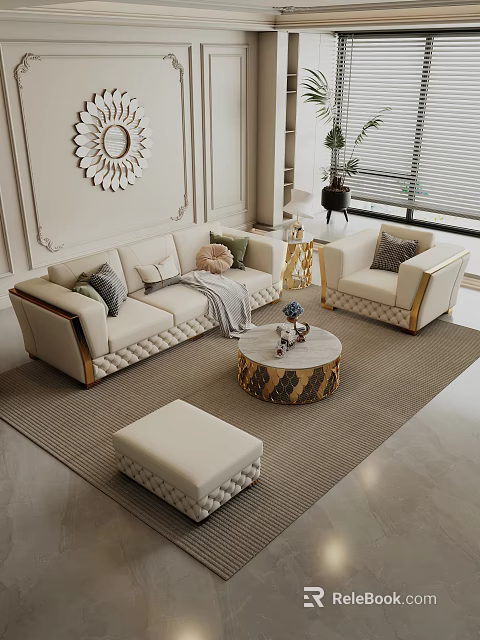 Modern Luxury Cream Sofa and Round Marble Coffee Table Set with Gold Trim and Pillows 3d model 