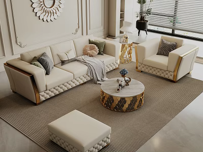 Modern Luxury Cream Sofa and Round Marble Coffee Table Set with Gold Trim and Pillows 3d model