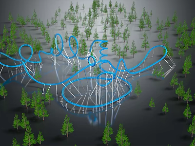 Curved Blue Roller Coaster Track Structure Surrounded By Green Trees And Water Reflection 3d model
